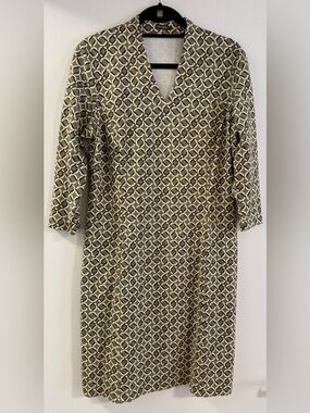 J McLaughlin Tan & Olive Geometric Print V-Neck Women's Dress size size large